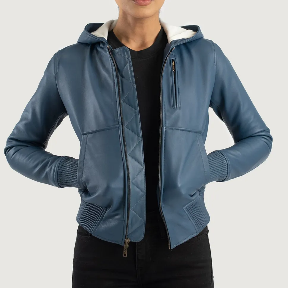 Luna Blue Hooded Leather Bomber Jacket