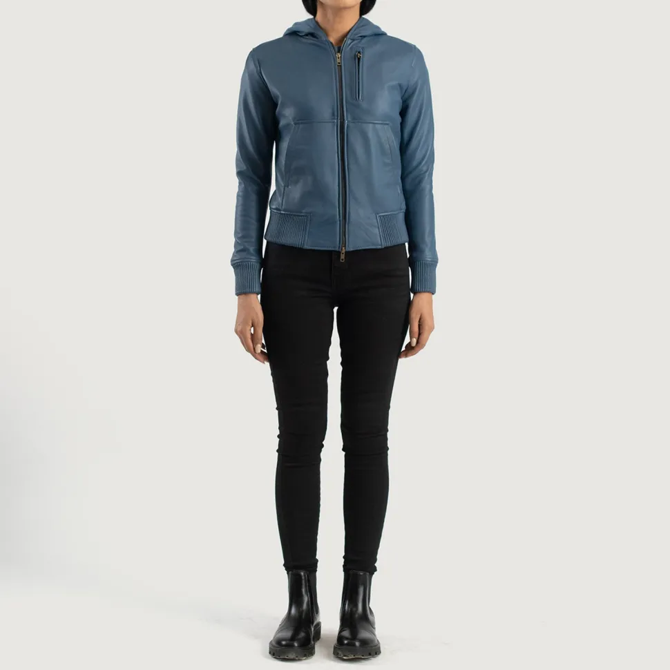Luna Blue Hooded Leather Bomber Jacket