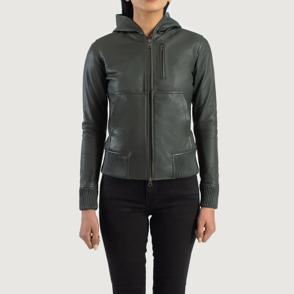 Luna Green Hooded Leather Bomber Jacket