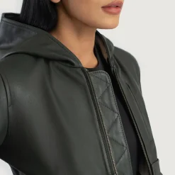 Luna Green Hooded Leather Bomber Jacket