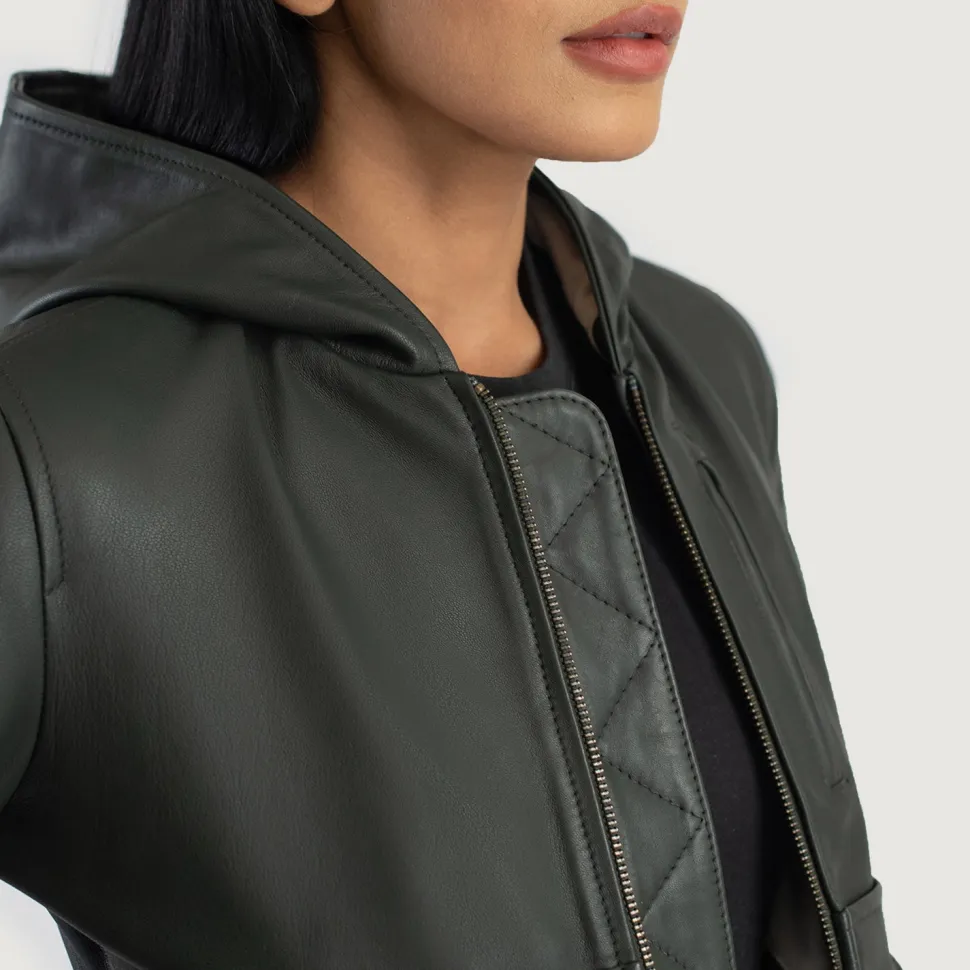 Luna Green Hooded Leather Bomber Jacket
