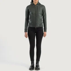 Luna Green Hooded Leather Bomber Jacket