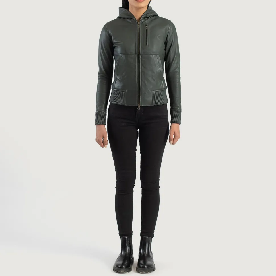 Luna Green Hooded Leather Bomber Jacket