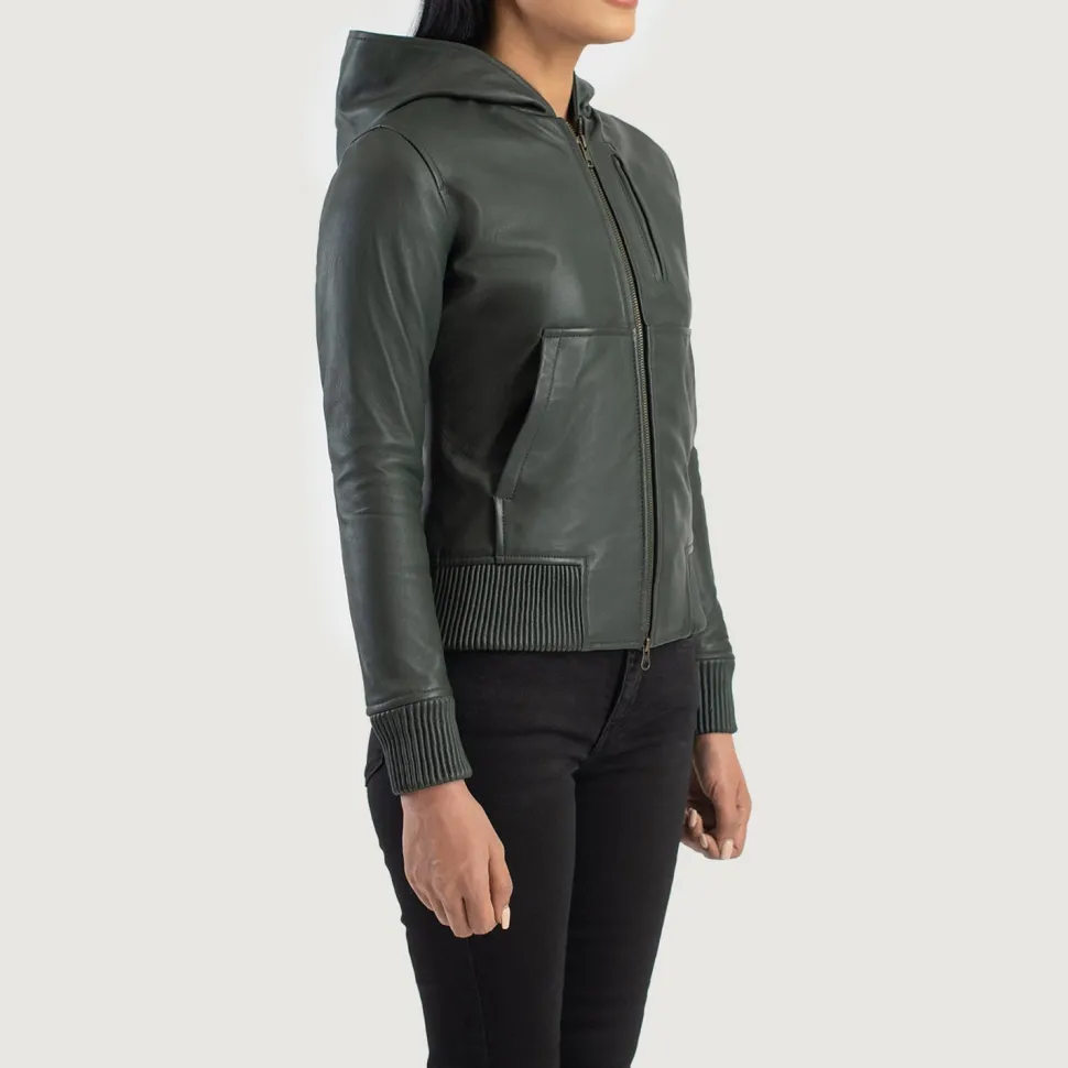 Luna Green Hooded Leather Bomber Jacket