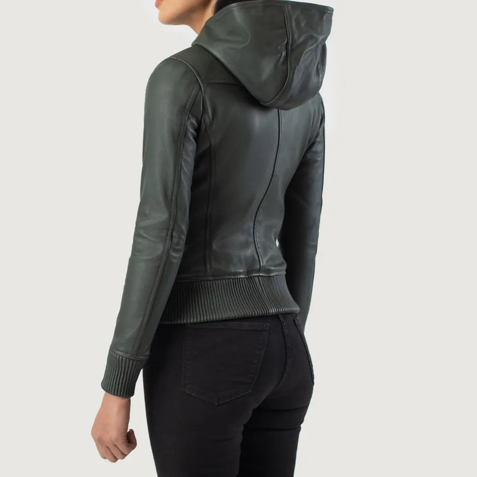 Luna Green Hooded Leather Bomber Jacket