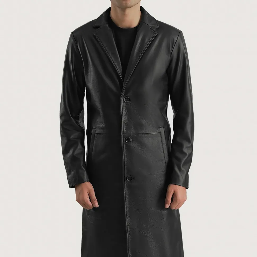 Mateo Black Leather Single Breasted Coat