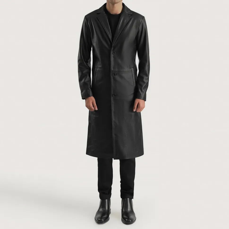 Mateo Black Leather Single Breasted Coat