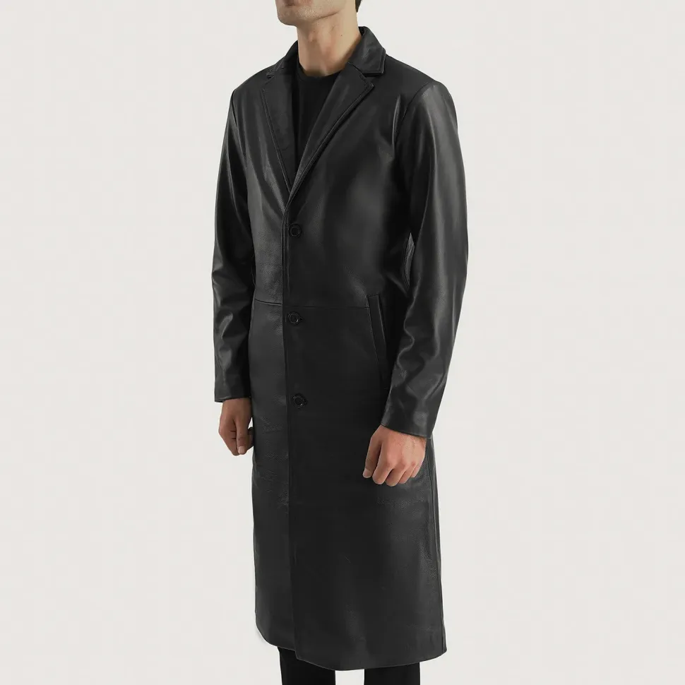 Mateo Black Leather Single Breasted Coat