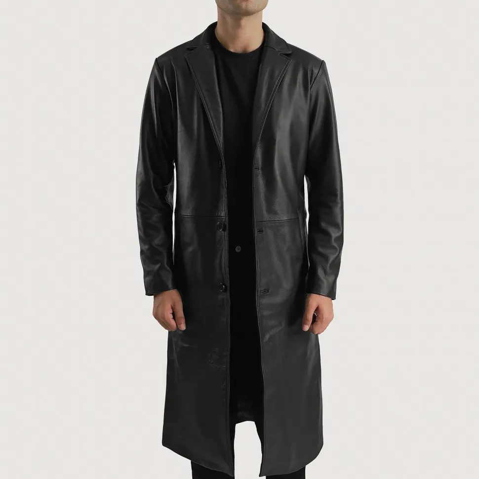 Mateo Black Leather Single Breasted Coat