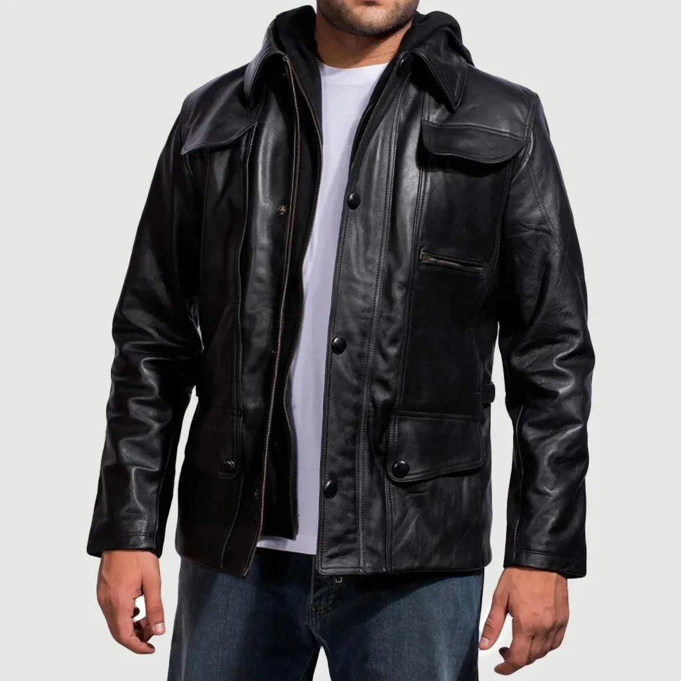 Moulder Hooded Black Leather Jacket