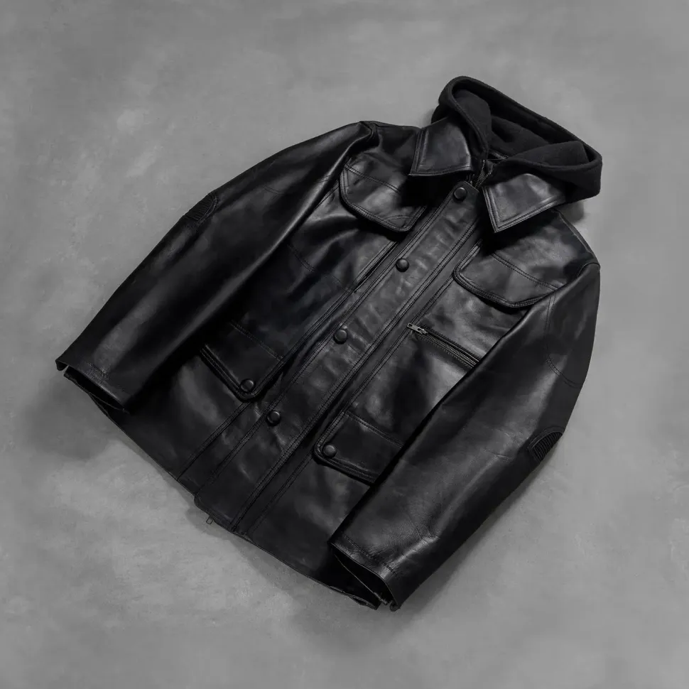Moulder Hooded Black Leather Jacket