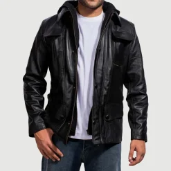 Moulder Hooded Black Leather Jacket