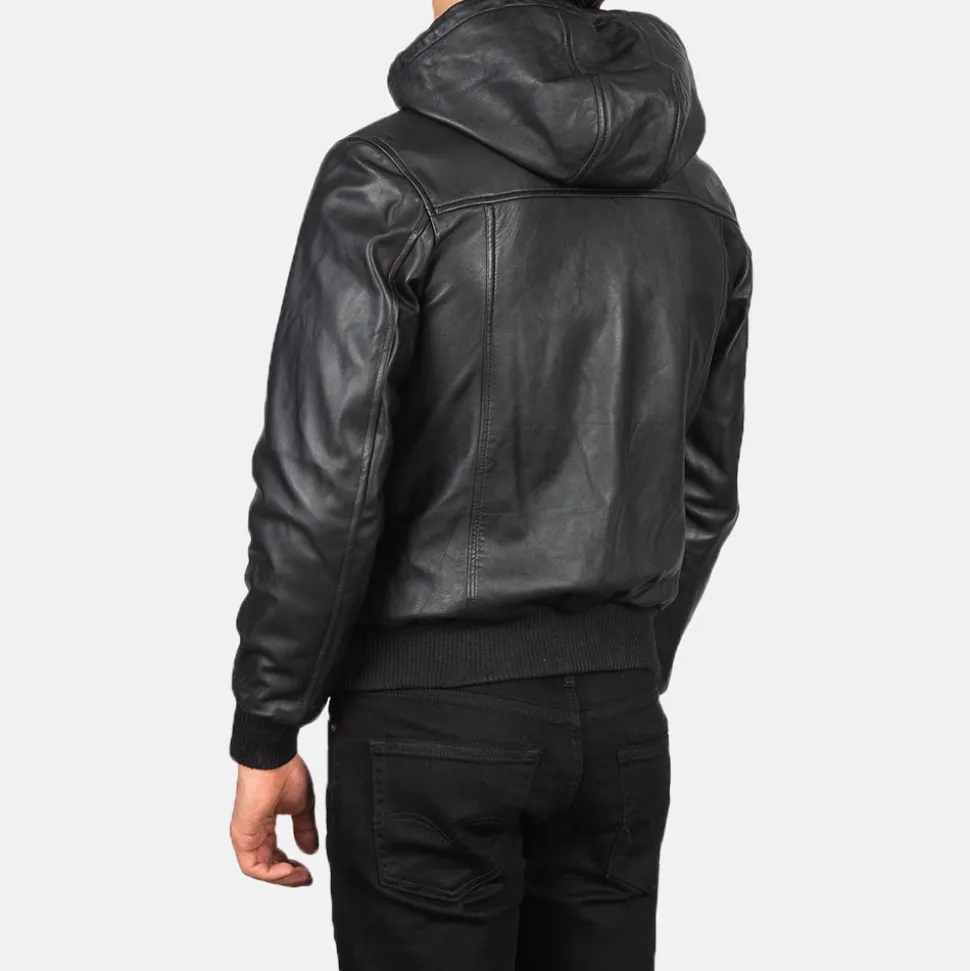 Nintenzo Black Hooded Leather Bomber Jacket