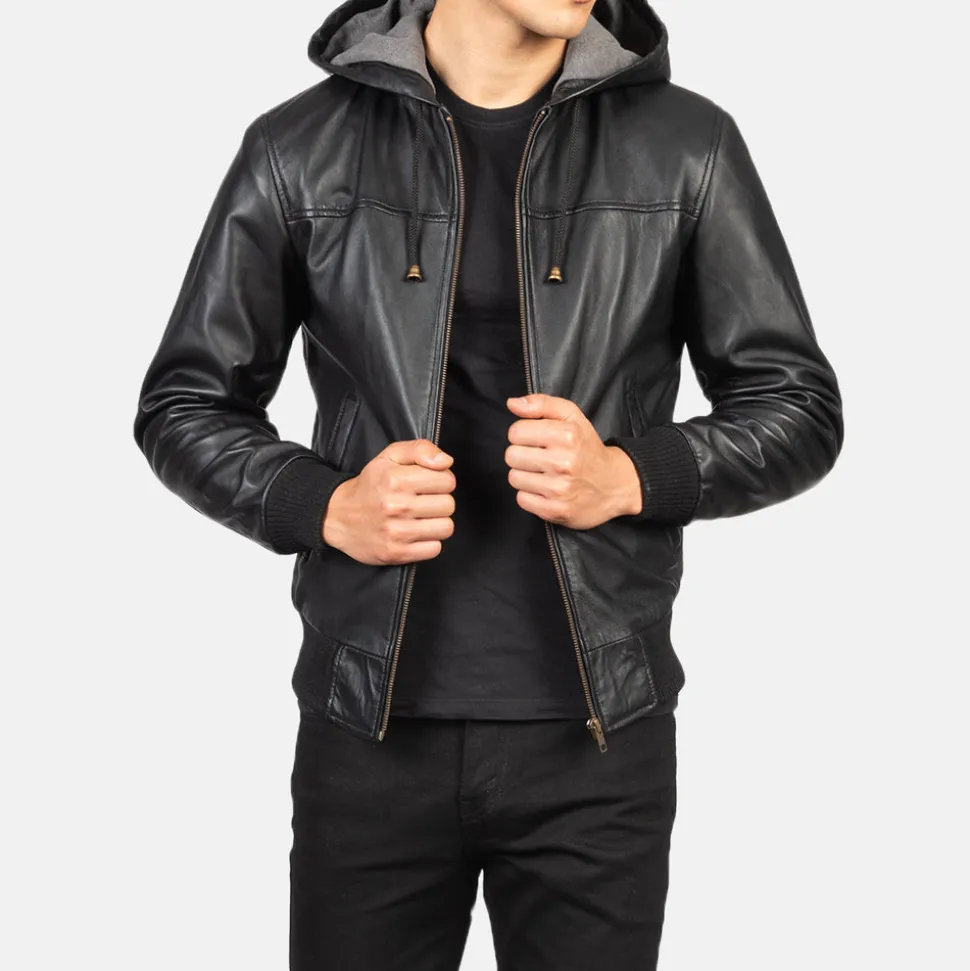 Nintenzo Black Hooded Leather Bomber Jacket