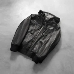 Nintenzo Black Hooded Leather Bomber Jacket