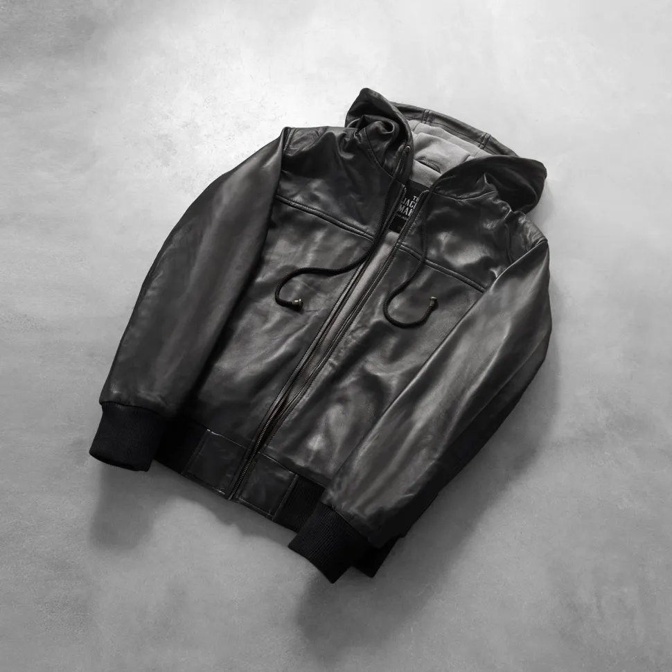 Nintenzo Black Hooded Leather Bomber Jacket