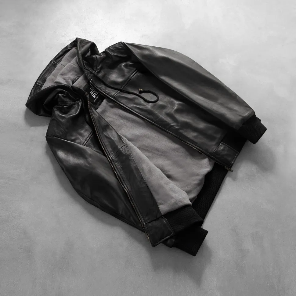 Nintenzo Black Hooded Leather Bomber Jacket