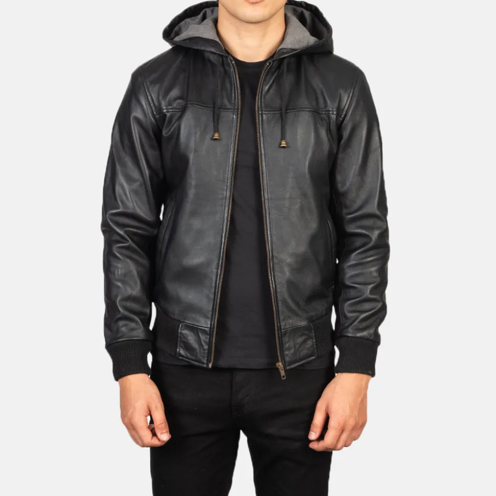 Nintenzo Black Hooded Leather Bomber Jacket