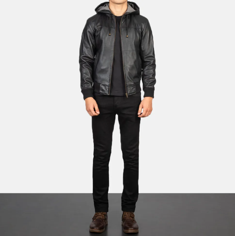 Nintenzo Black Hooded Leather Bomber Jacket