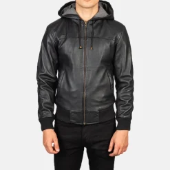 Nintenzo Black Hooded Leather Bomber Jacket
