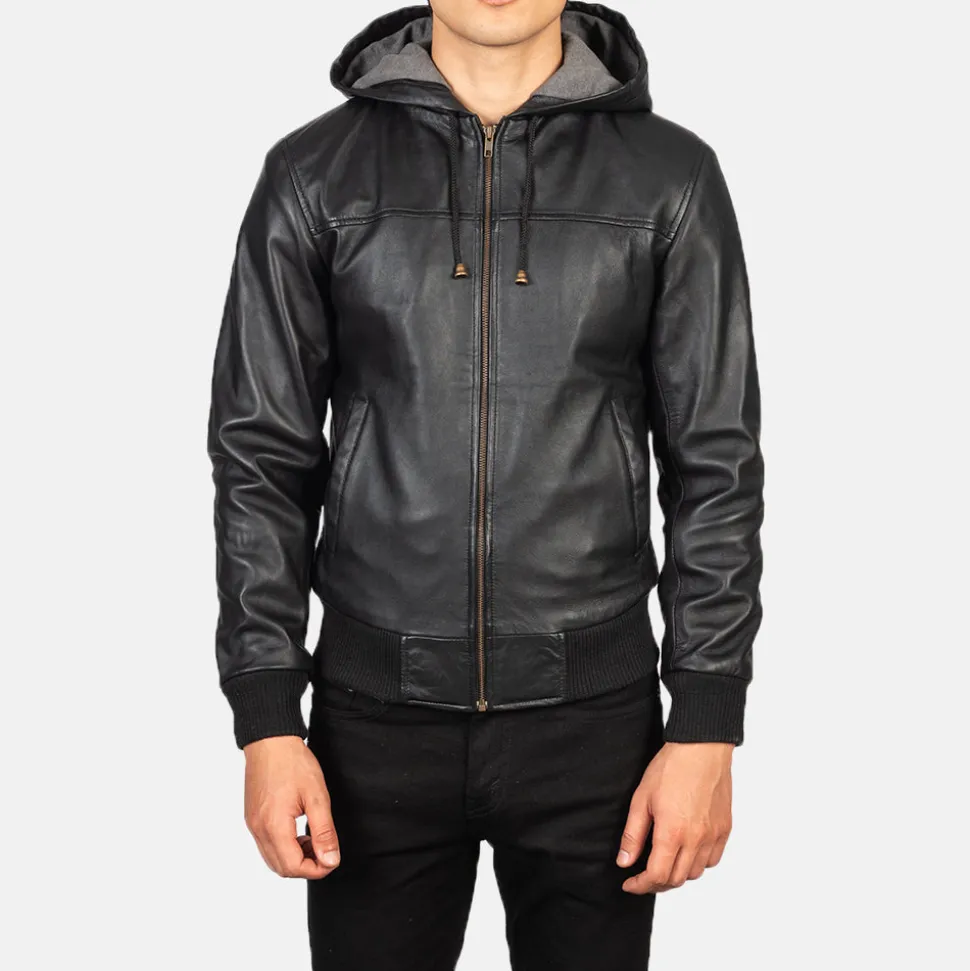 Nintenzo Black Hooded Leather Bomber Jacket