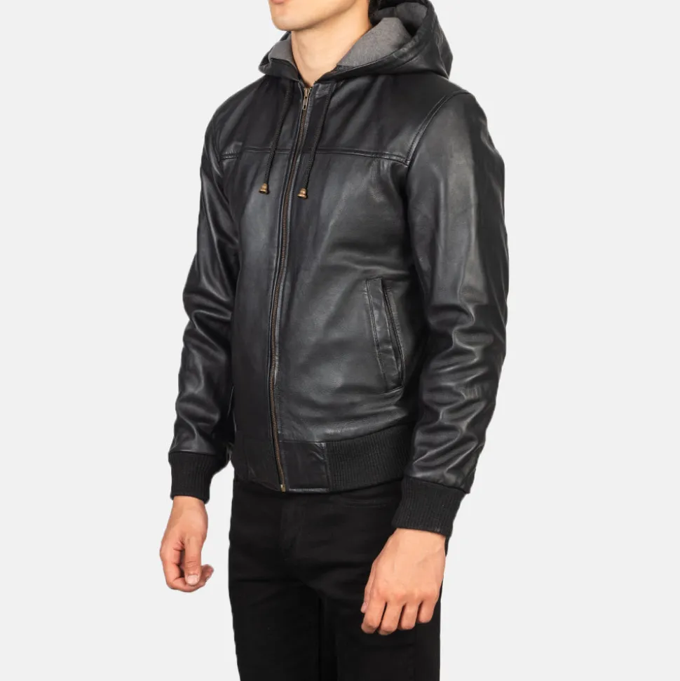 Nintenzo Black Hooded Leather Bomber Jacket