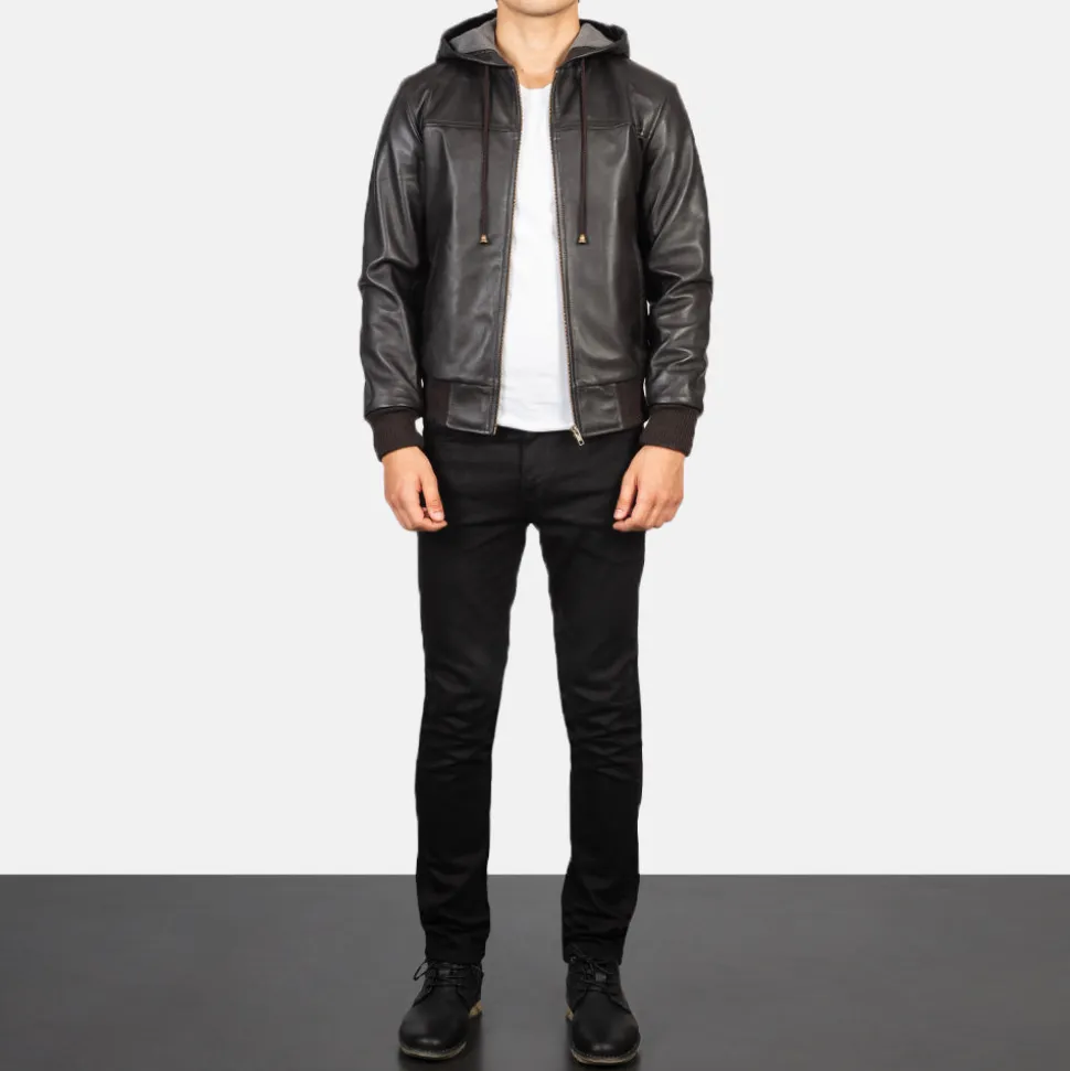 Nintenzo Brown Hooded Leather Bomber Jacket