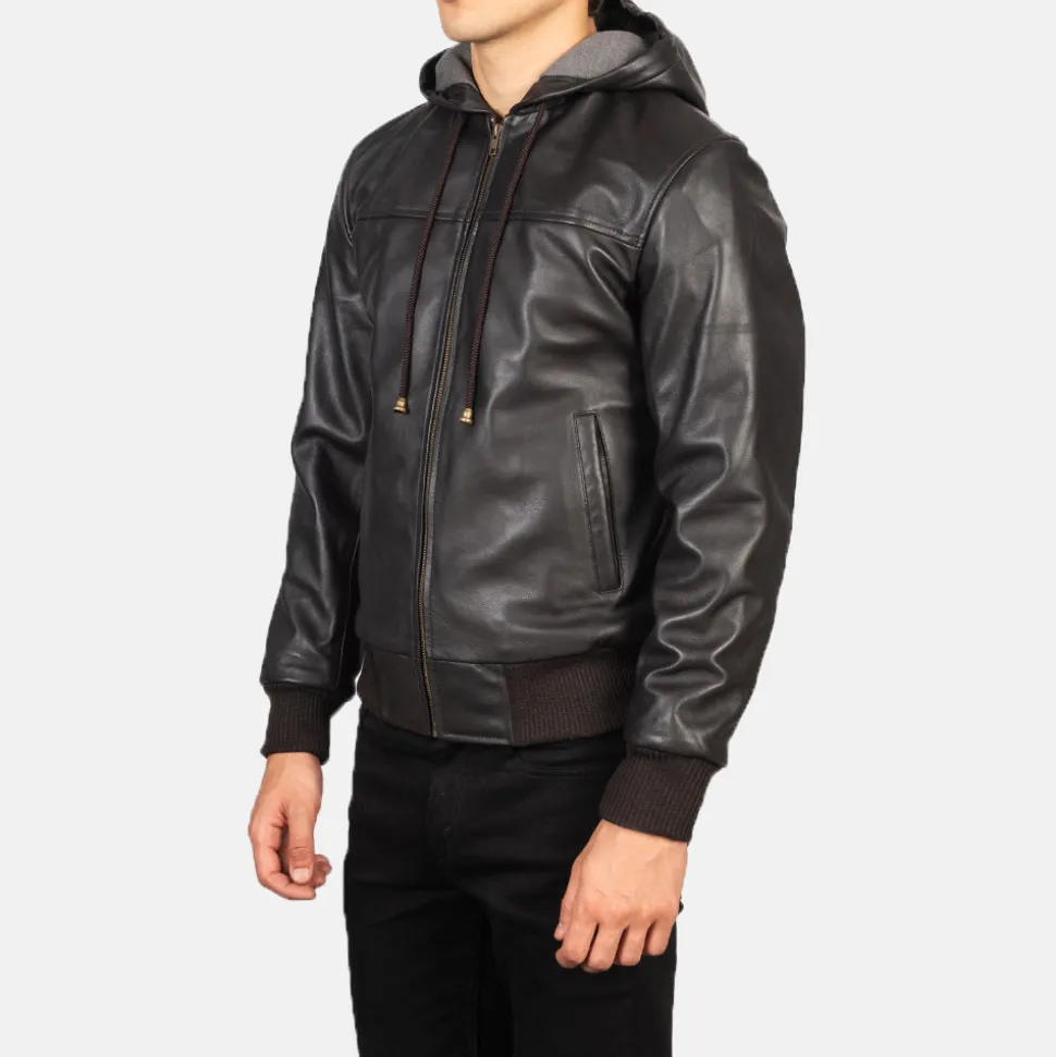 Nintenzo Brown Hooded Leather Bomber Jacket