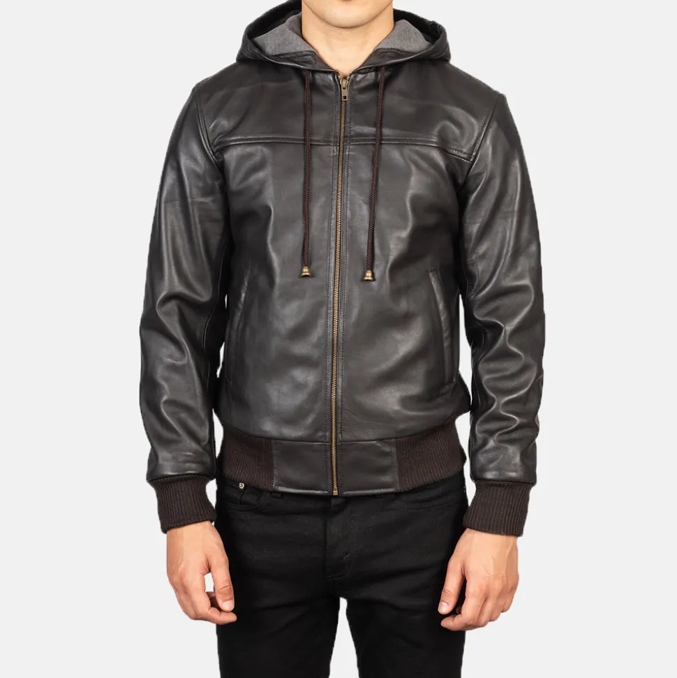 Nintenzo Brown Hooded Leather Bomber Jacket