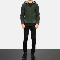 Nintenzo Green Hooded Suede Bomber Jacket