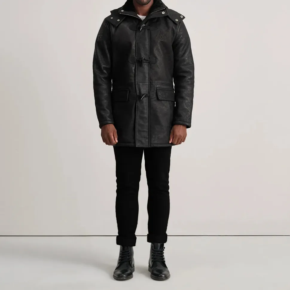 Nolan Distressed Black Leather Duffle Coat