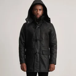 Nolan Distressed Black Leather Duffle Coat