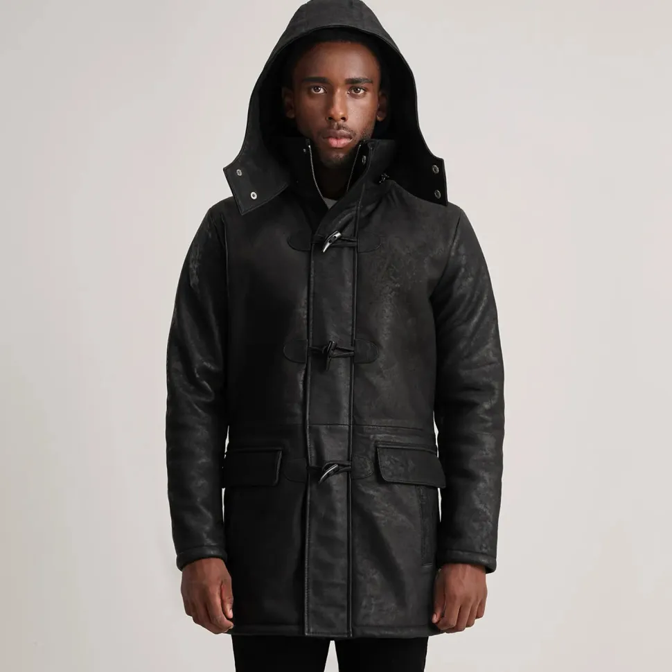Nolan Distressed Black Leather Duffle Coat