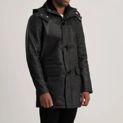 Nolan Distressed Black Leather Duffle Coat
