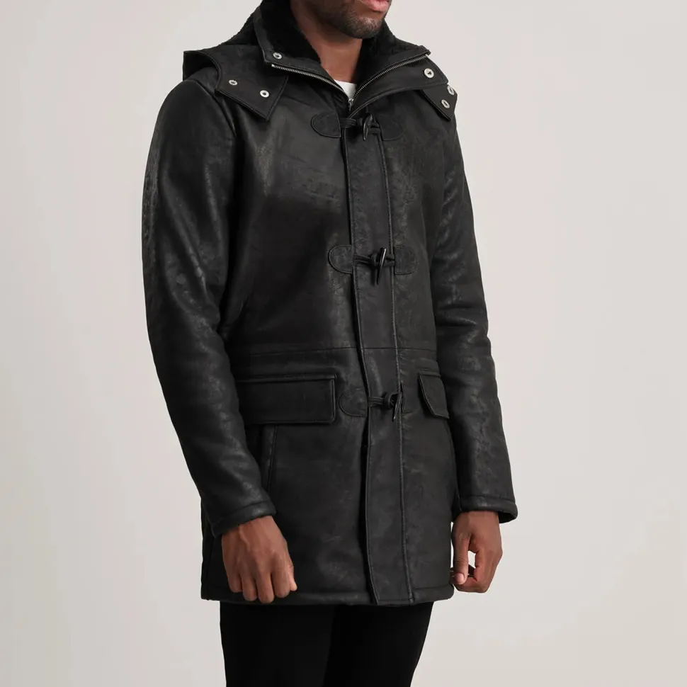 Nolan Distressed Black Leather Duffle Coat