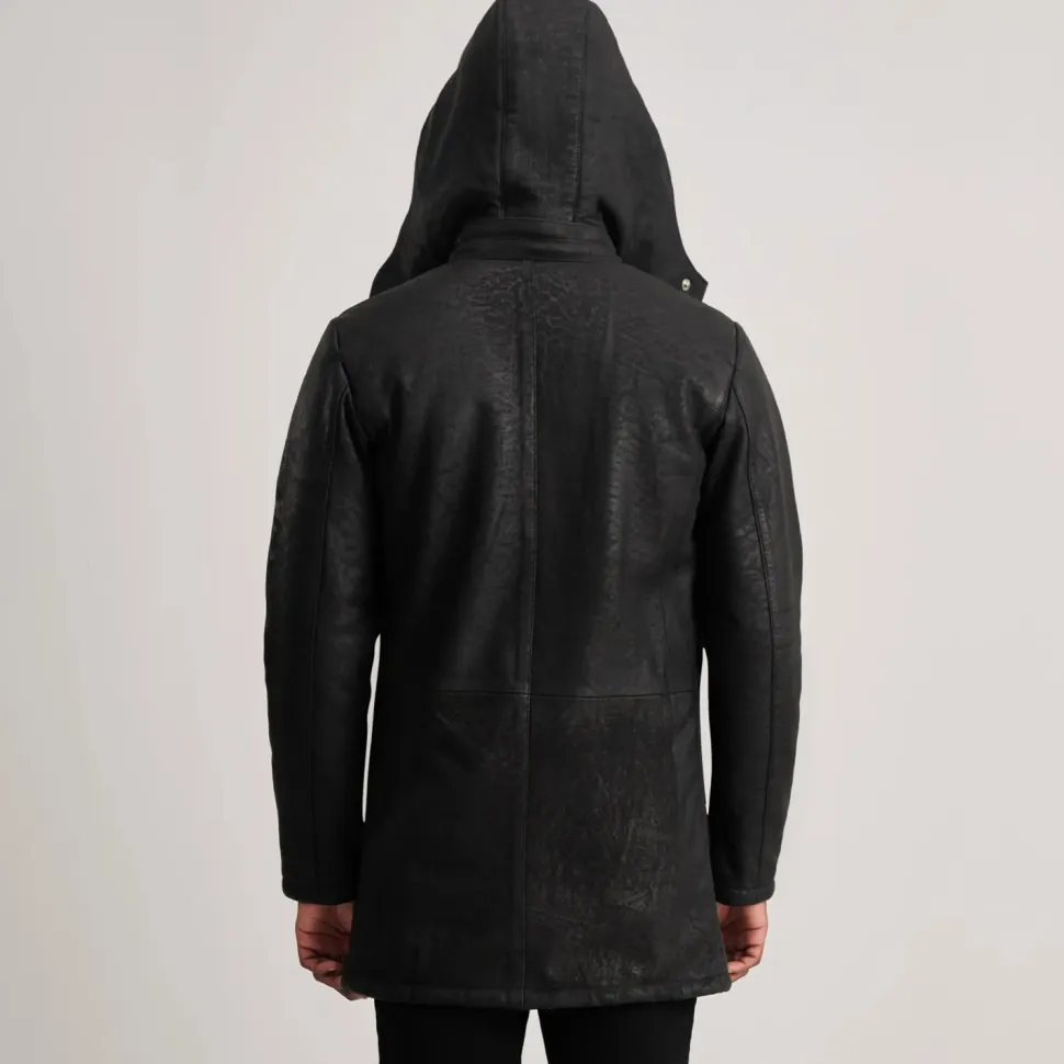 Nolan Distressed Black Leather Duffle Coat