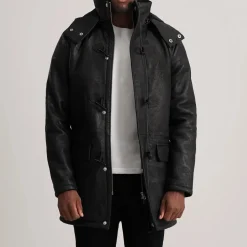 Nolan Distressed Black Leather Duffle Coat