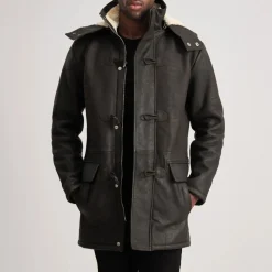 Nolan Tumbled Brown Leather Duffle Coat