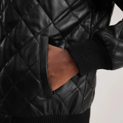 Norman Black Hooded Bomber Leather Puffer Jacket