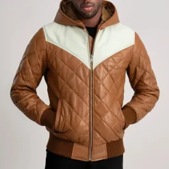 Norman Tan Hooded Bomber Leather Puffer Jacket