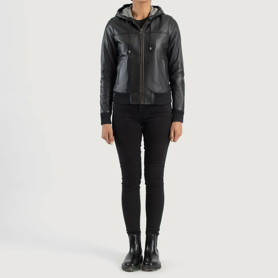 Rebella Black Hooded Leather Bomber Jacket