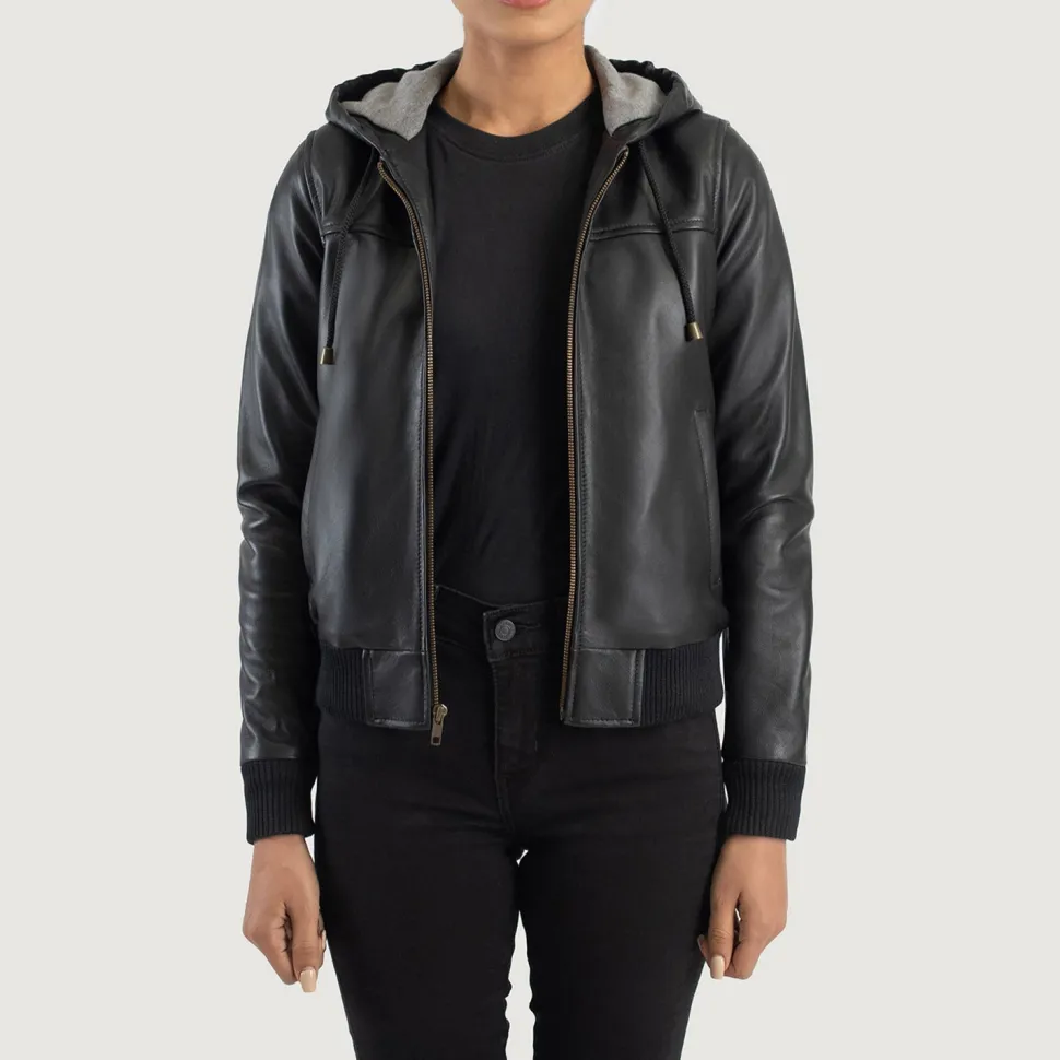 Rebella Black Hooded Leather Bomber Jacket