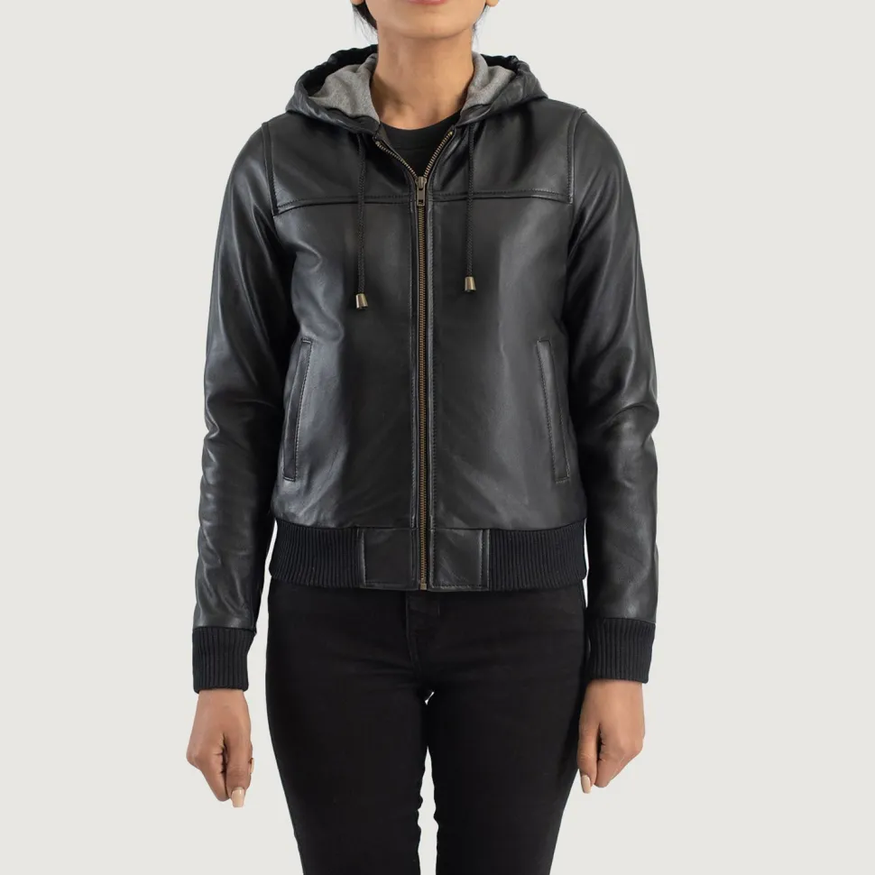 Rebella Black Hooded Leather Bomber Jacket