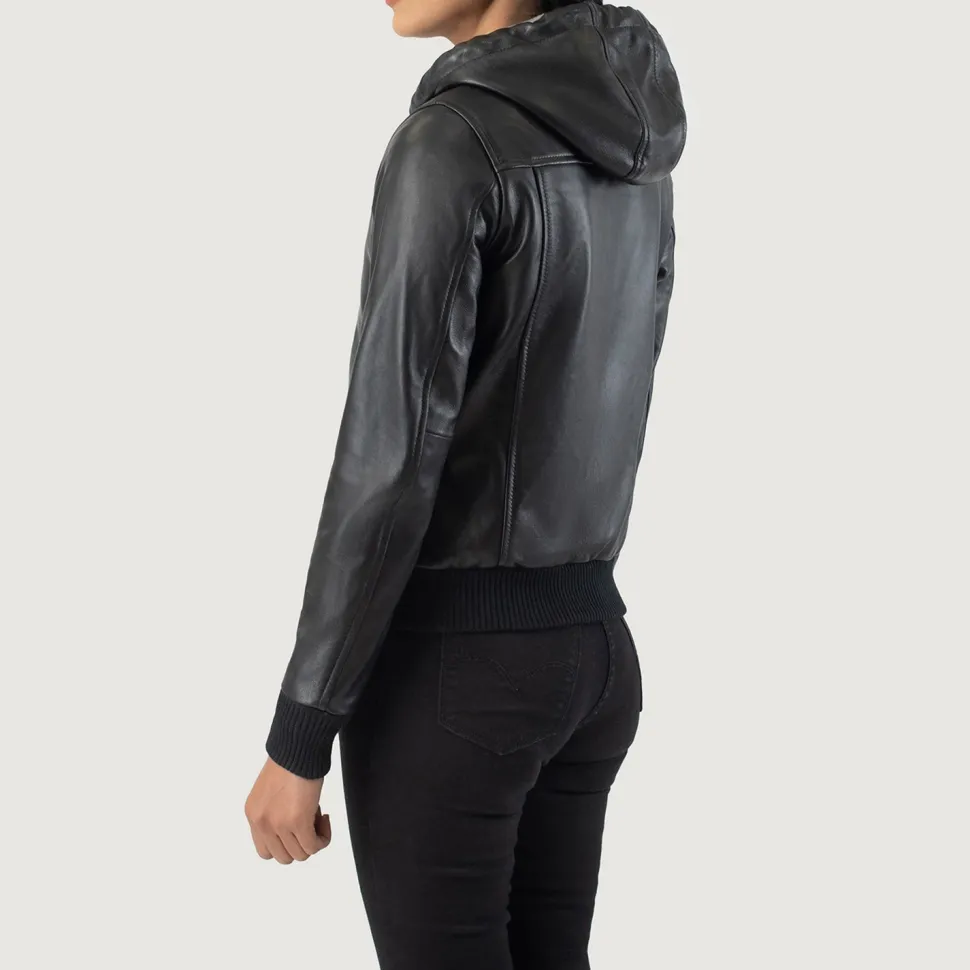 Rebella Black Hooded Leather Bomber Jacket