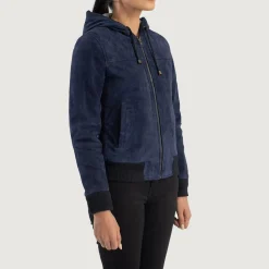Rebella Blue Hooded Suede Bomber Jacket