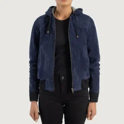 Rebella Blue Hooded Suede Bomber Jacket