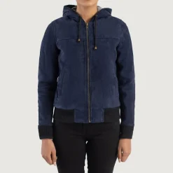 Rebella Blue Hooded Suede Bomber Jacket