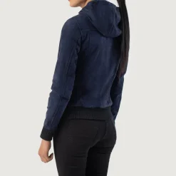 Rebella Blue Hooded Suede Bomber Jacket