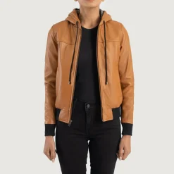 Rebella Brown Hooded Leather Bomber Jacket