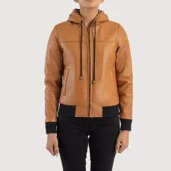 Rebella Brown Hooded Leather Bomber Jacket